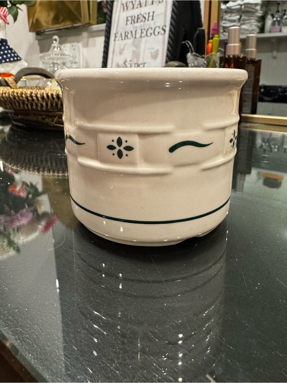 Longaberger Cream Ceramic Crock with Dark Green Trim